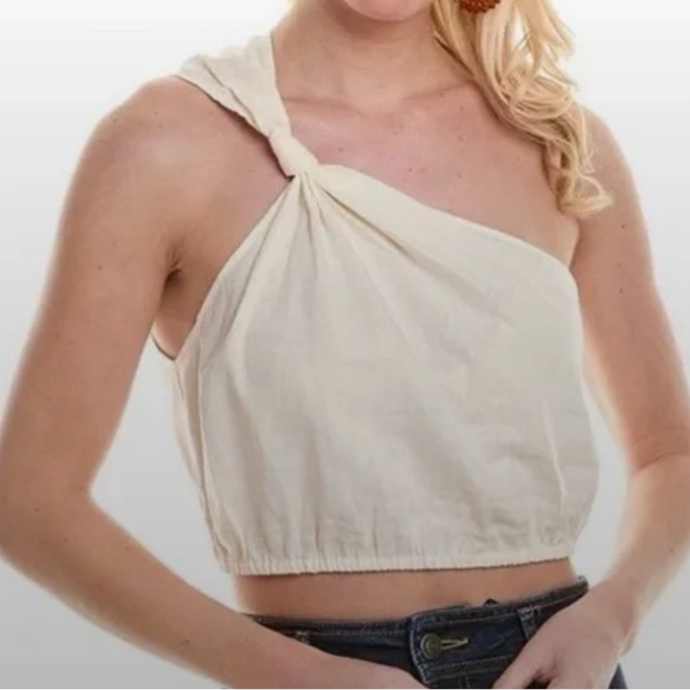 FARM Rio One-Shoulder Knot Crop Top in Cream